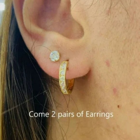 CZ Stud & Huggies Hoop Earrings Double Earrings for Women's Men's 14K Solid Gold